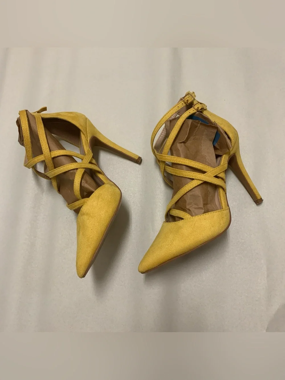 Forever 21 Womens Forever Women Mustard Suede Crossed Strap Pointy Toe Stiletto